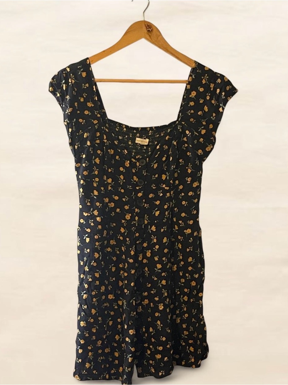Aéropostale Black Yellow Floral Square Neck Mini Dress / Romper | Size L